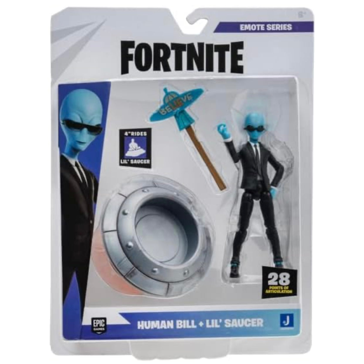 Fortnite Human Bill (EMOTE Series) - 4-inch Articulated Figure with Lil’ Saucer Emote Vehicle and Flying Slasher Accessory