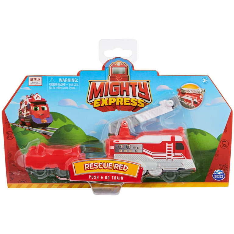Mighty Express, Rescue Red Push and Go Toy Train with Cargo Car