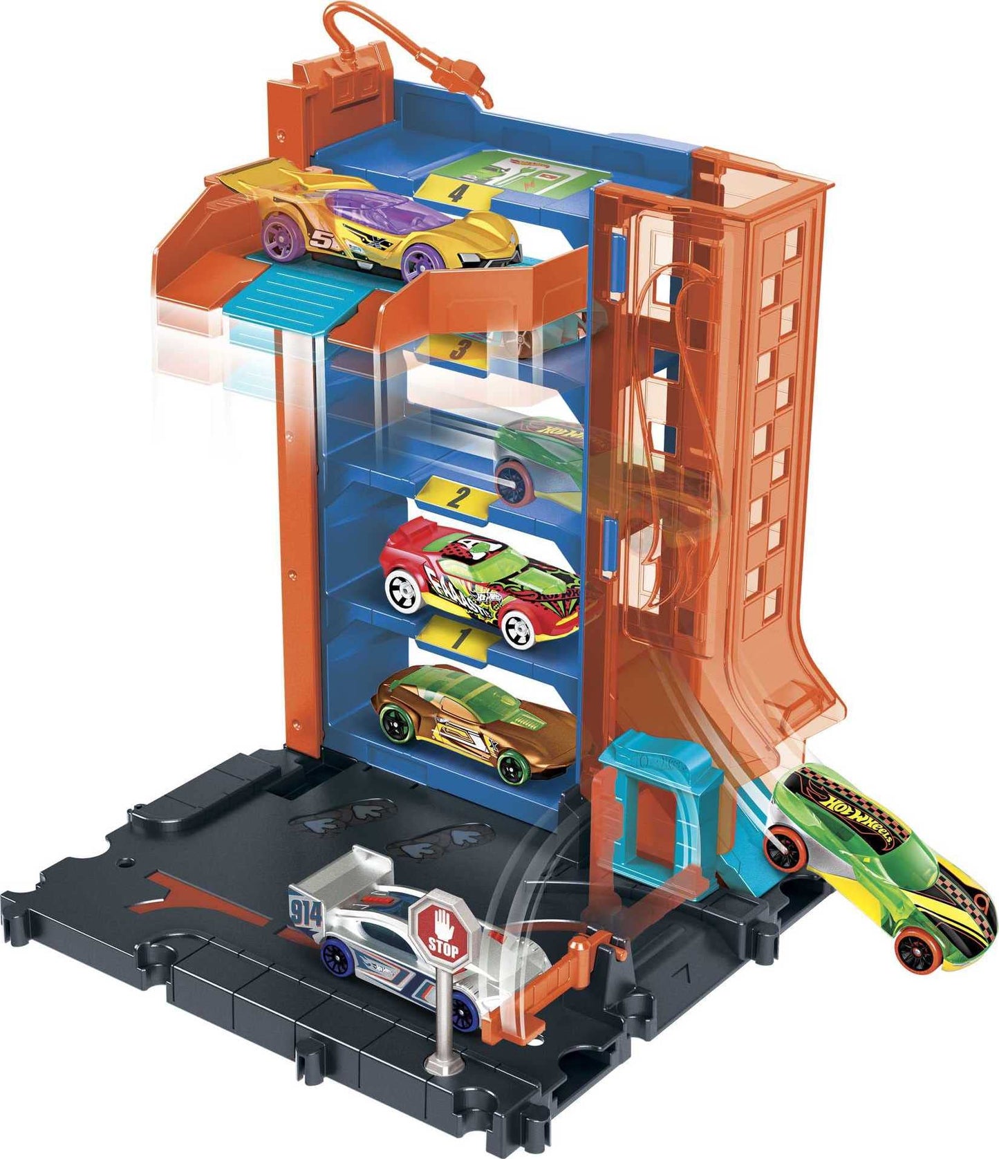 Hot Wheels City Track Set Downtown Car Park Playset with 1:64 Scale Vehicle 4 Levels