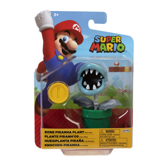 Super Mario Collectible Bone Piranha 4" Poseable Articulated Action Figure with Coin Accessory