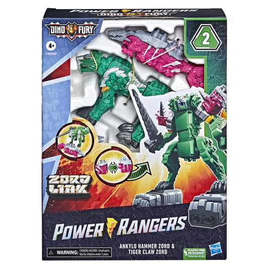 Power Rangers Dino Fury Zord Link Pink Ankylo Hammer and Green Tiger Claw Zord