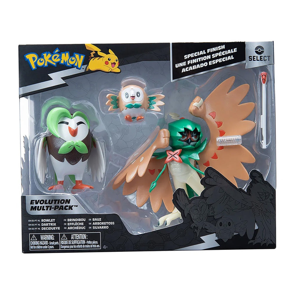 Jazwares Pokemon Select Evolution Figure Set 3-Pack - Rowlet, Dartrix, Decidueye