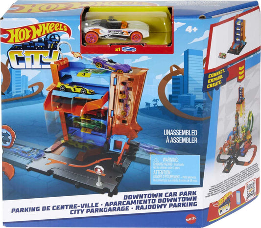 Hot Wheels City Track Set Downtown Car Park Playset with 1:64 Scale Vehicle 4 Levels