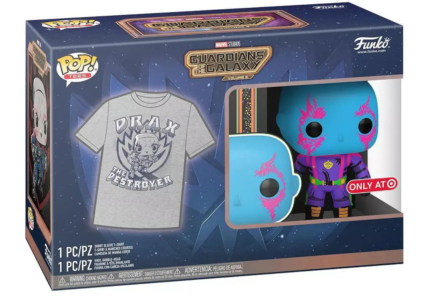 Funko Pop! Tee Marvel Studios Guardians of the Galaxy Volume 3 Blacklight Drax with Tee Target Exclusive Bundle