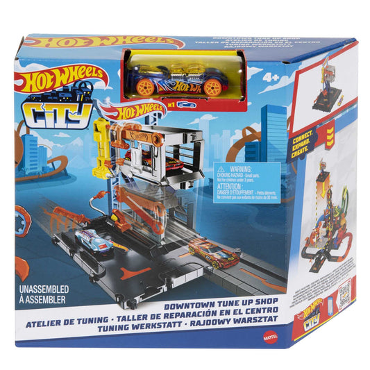 Hot Wheels City Track Set Downtown Turn Up Repair Station Playset with 1:64 Scale Vehicle Working Lift & Launcher