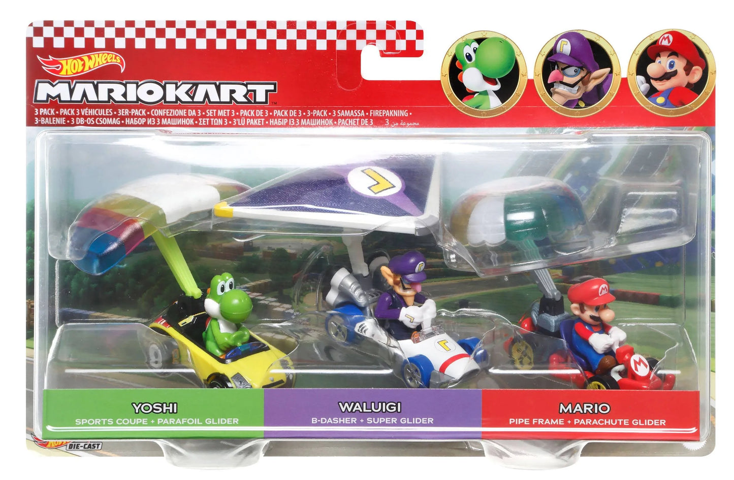 Hot Wheels Mario Kart Cars: Mario Waluigi & Yoshi 3-Pack Glider Edition