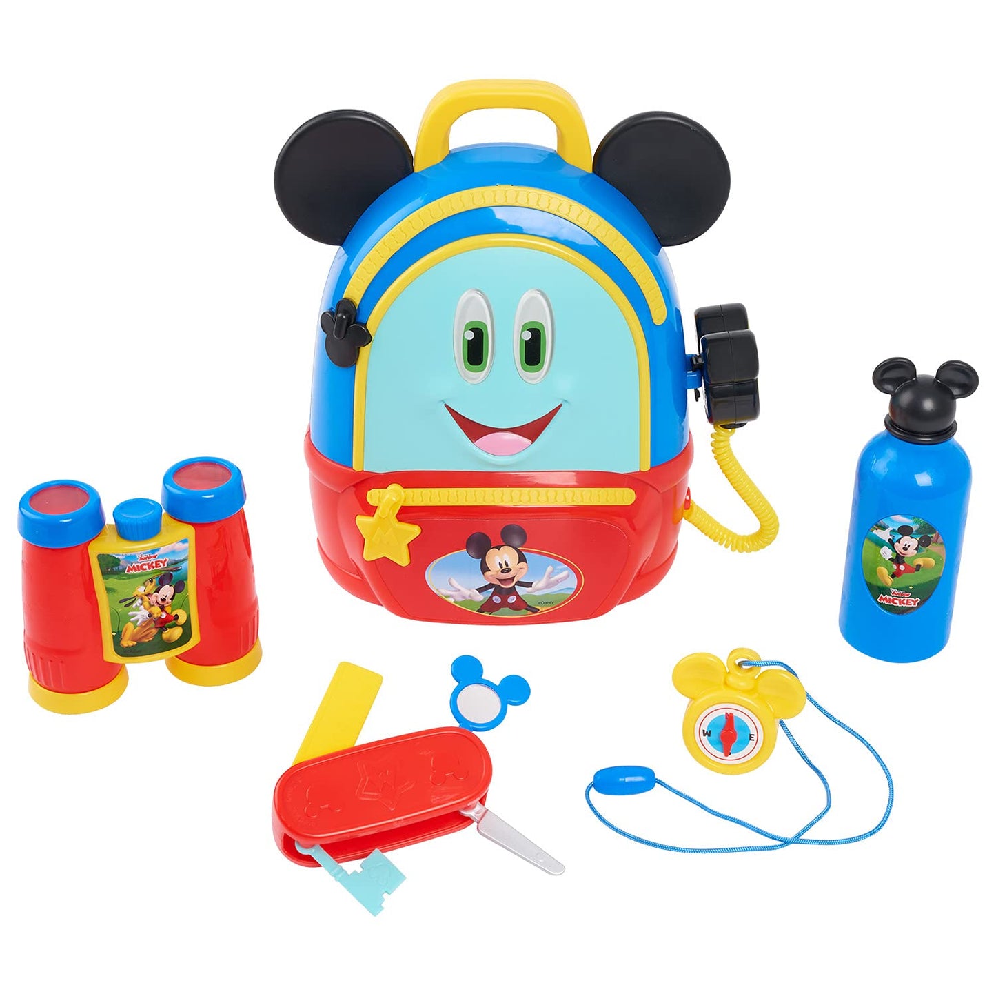 Disney Junior Mickey Mouse Funhouse Adventures Backpack, 5 Piece Pretend Play Set with Lights and Sounds Accessories, by Just Play