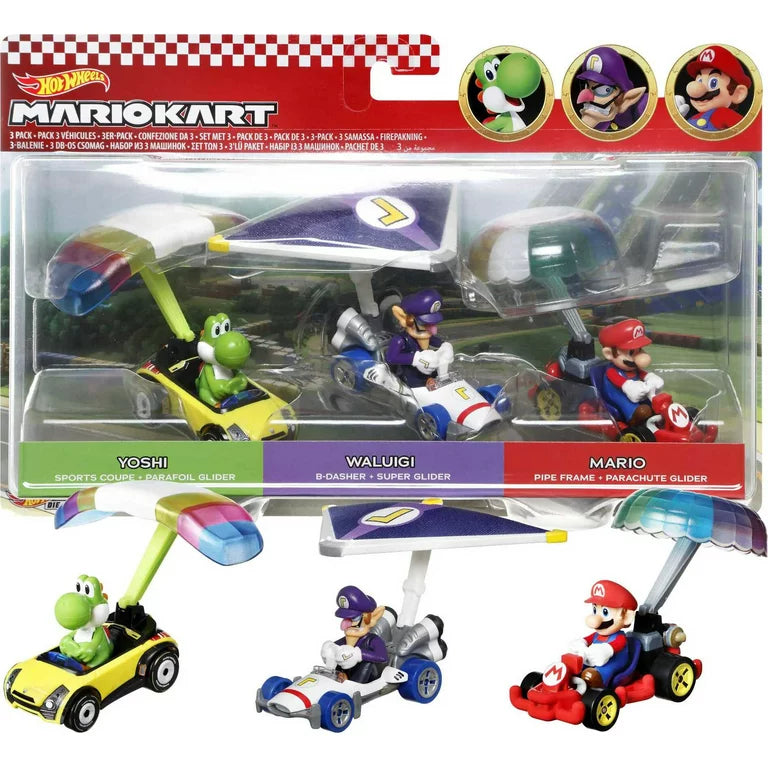 Hot Wheels Mario Kart Cars: Mario Waluigi & Yoshi 3-Pack Glider Edition